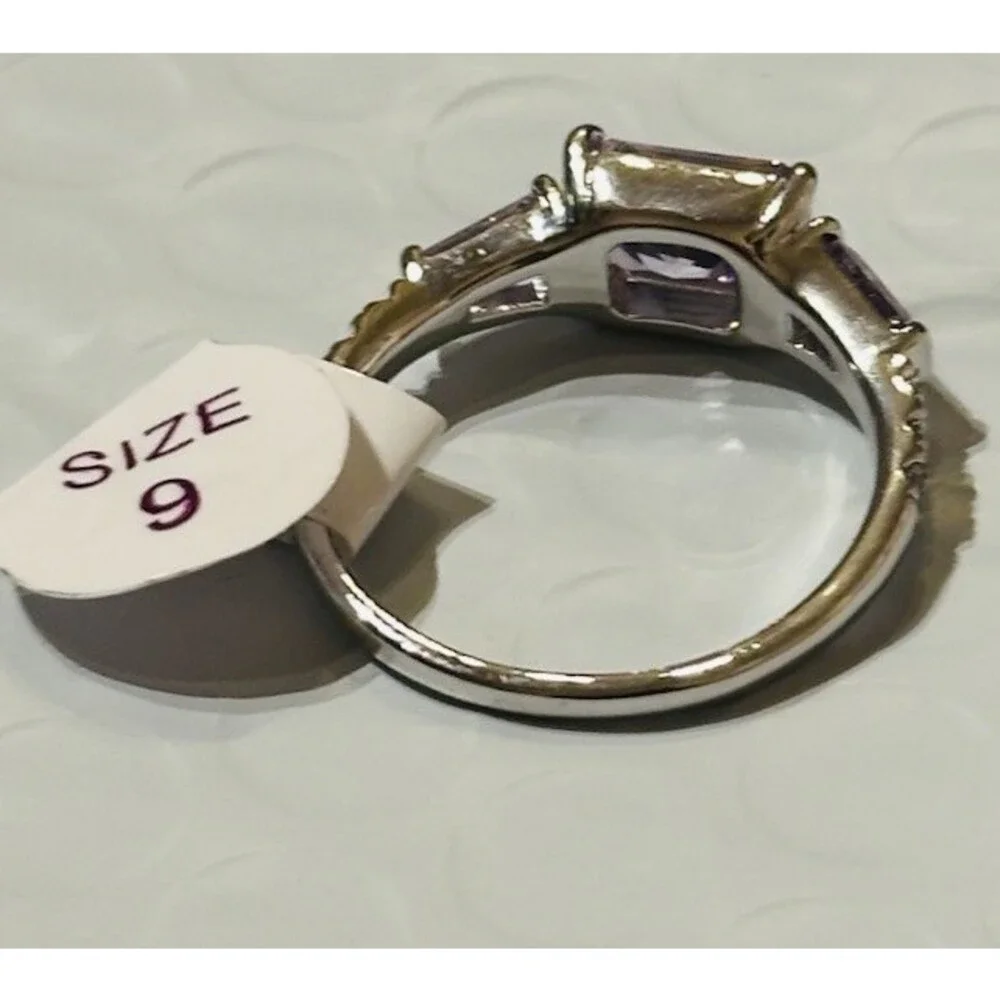 Bomb Party Ring Size 9 Purple Lavender Emerald Cut CZ Rhodium Plated NWT